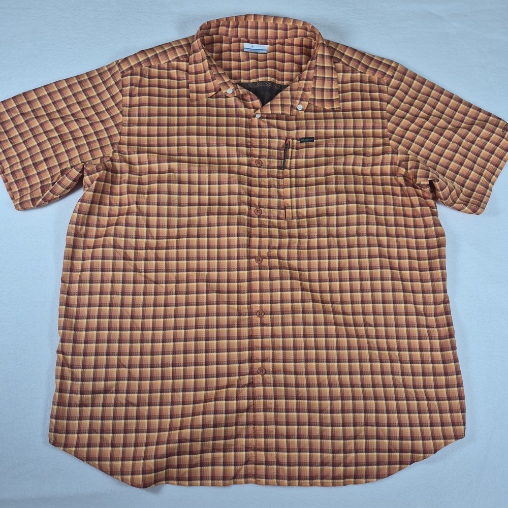Columbia‎ Button Up Shirt Men's XXL Orange Black Plaid Omni-Shade Back Vent